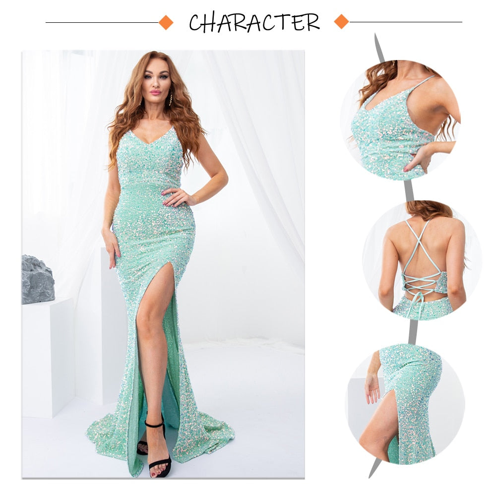 anyfreebie™-Luxury Mint Sequin Slip Lace Up Long Cocktail Party Dress Backless Hollow Out Velvet V Neck Maxi Gown Celebrity Women Summer