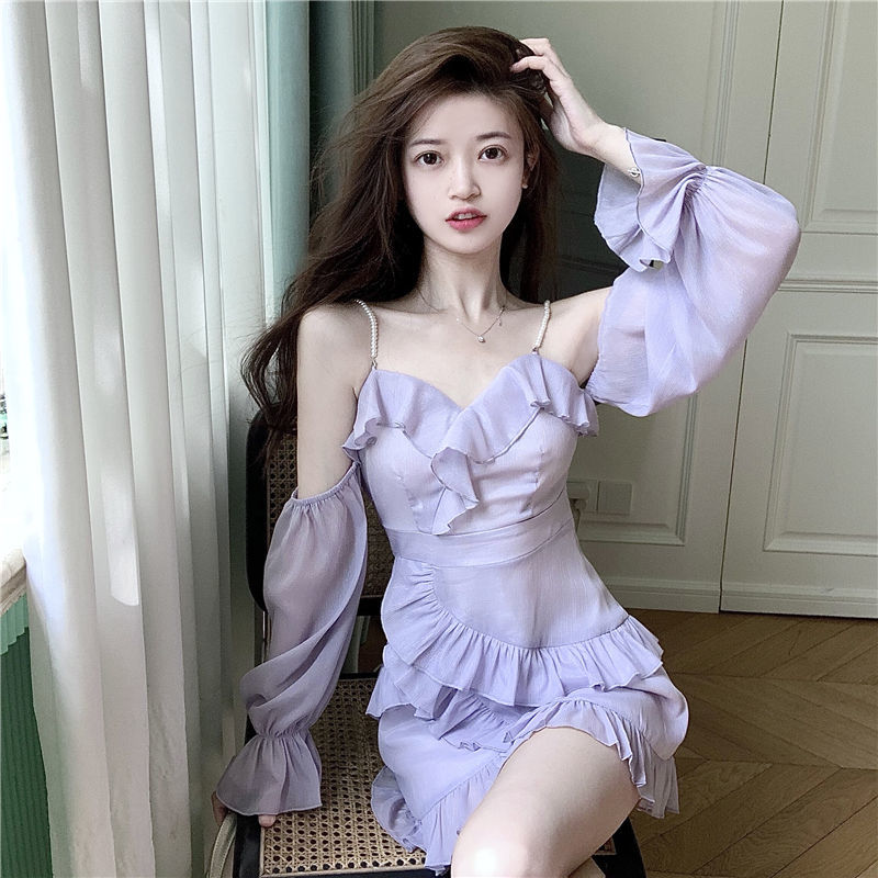 anyfreebie™-Purple Off Shoulder Kawaii Dress Women Ruffle Patchwork Sweet Party Mini Dress Female Korean Fashion Slim Sexy Fairy Dress 2024