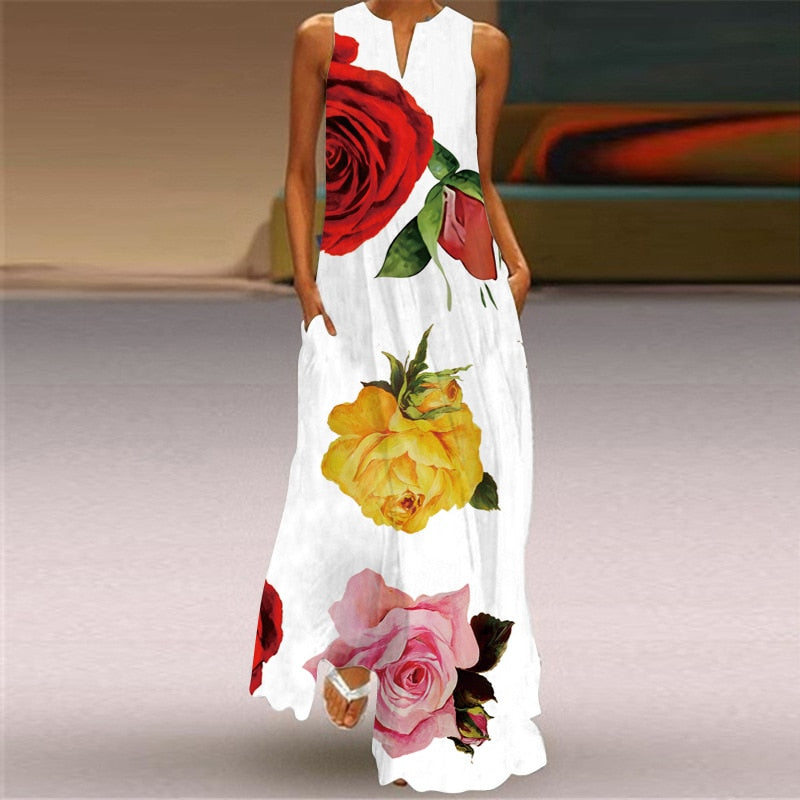 anyfreebie™-Vintage Print Women Sundress 2024 Summer Fashion Sexy V-neck Sleeveless Long Dresses with Pocket Casual Lady Maxi Dress Vestidos