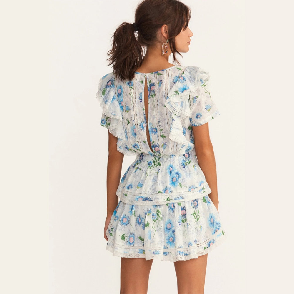 anyfreebie™- New Arrival Summer Short Sleeve Natasha Mini Dress Women Ruffled A-line Dress Blue Print