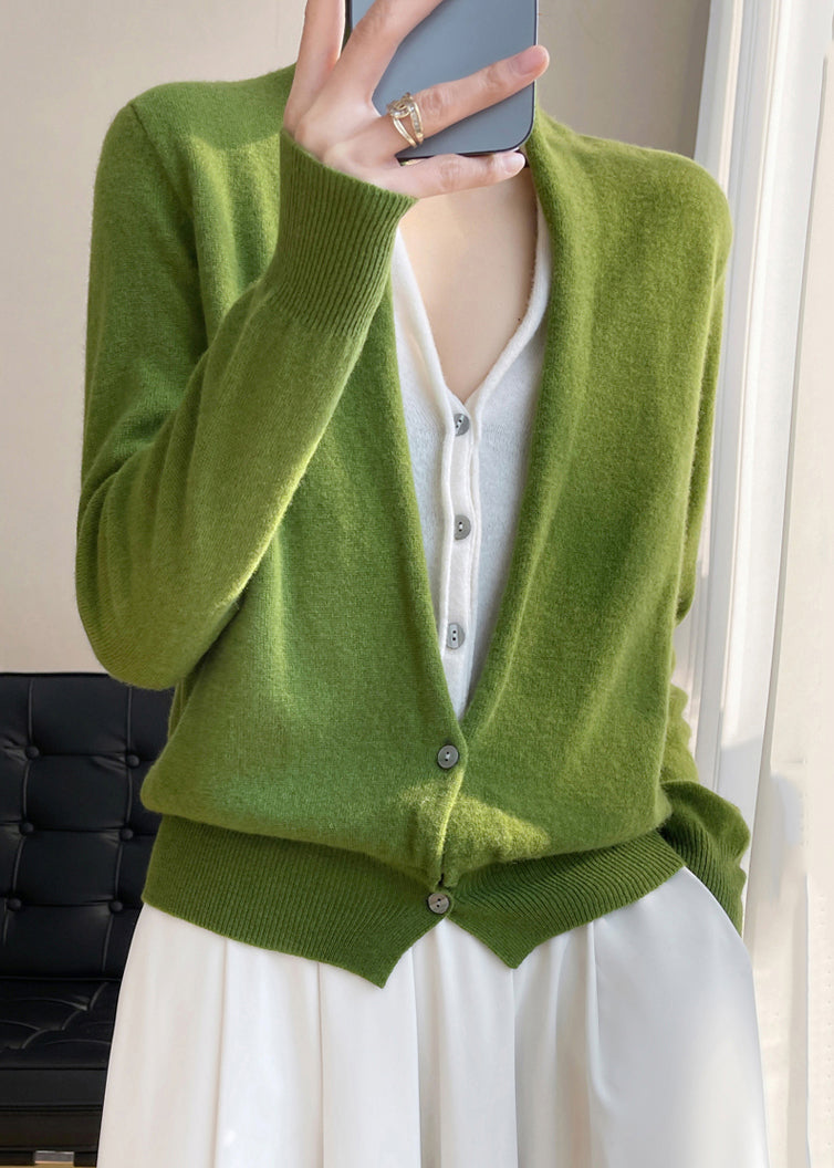 anyfreebie™-Women Green V Neck Button Patchwork Wool Knit Top Fall