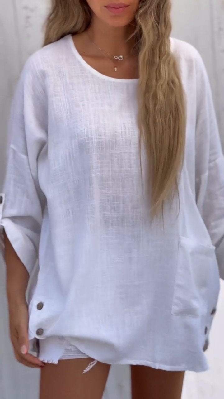 anyfreebie™-Round Neck Cotton and Linen Casual Solid Color Mid-sleeve Top