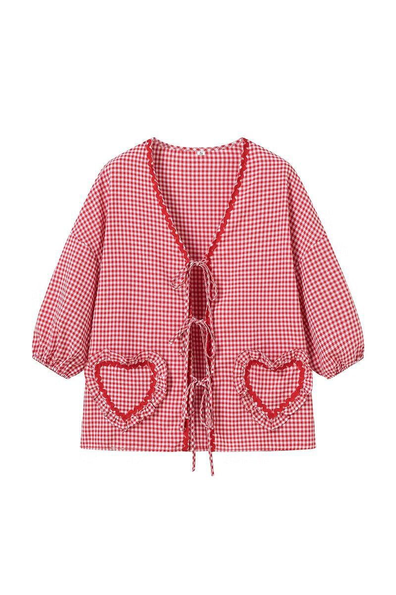 anyfreebie™-Sweet Plaid Heart Shaped Frenulum Contrast V Neck Tops