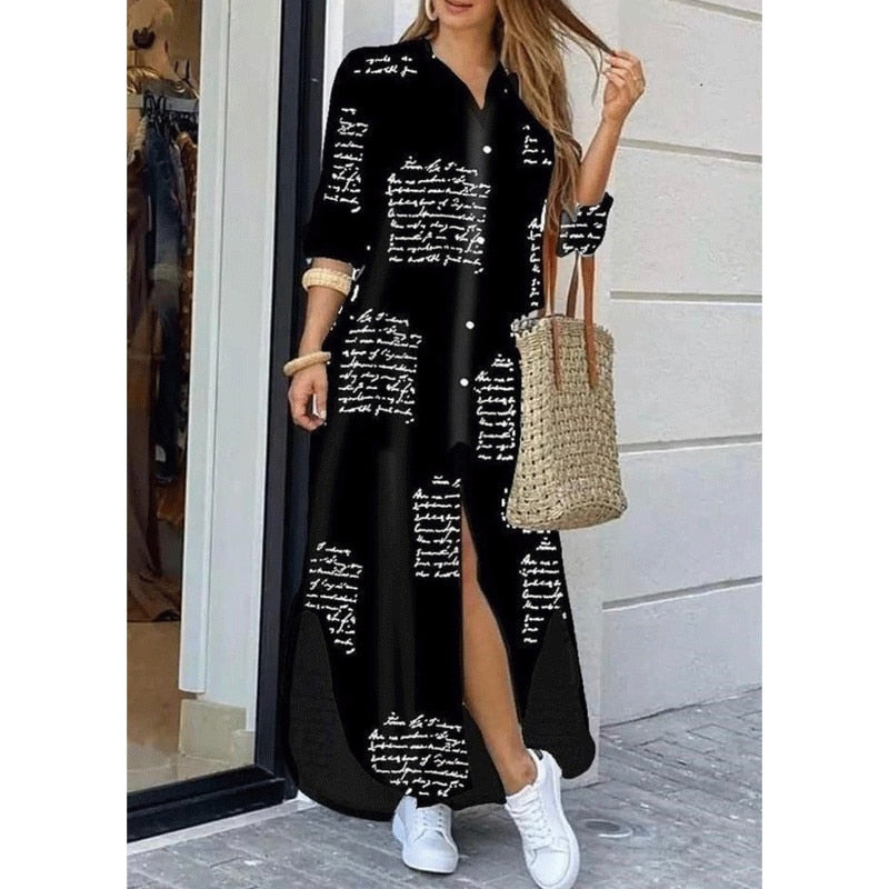 anyfreebie™- Casual Long Shirt Dress Autumn Women Long Sleeve Maxi Dresses Laides Turn-down Collar Office Dresses Loose Sundress Robe Longue