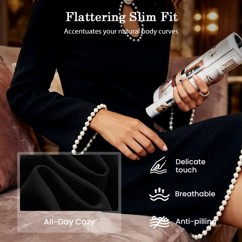🔥 50% OFF! ✨ Women’s Short Faux Pearl-Trim Keyhole Sheath Dress – Slim-Fit Elegance with Flared Sleeves & Timeless Black 💎🖤