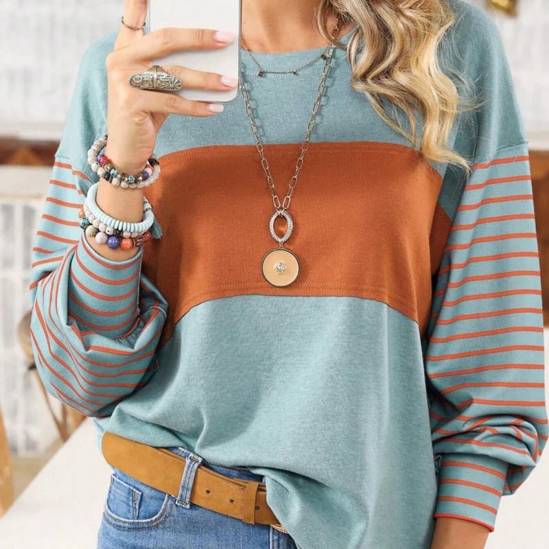 🔥Women’s Trendy Color Block Striped Long Sleeve T-Shirt