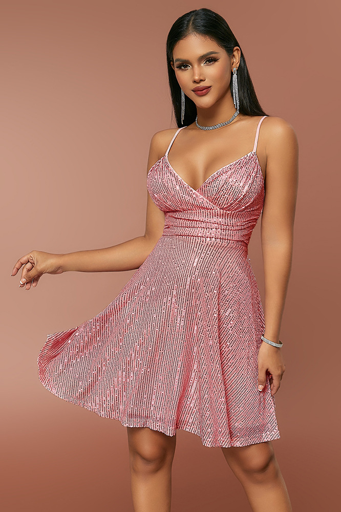 anyfreebie™-Sequin pleated cross-strap resort dress