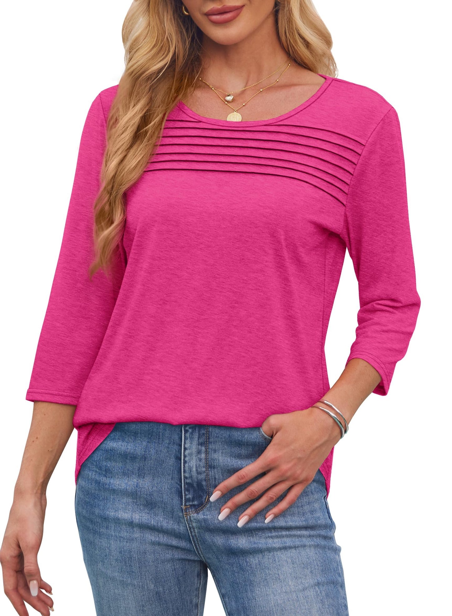 Women's 3/4 Length Sleeve Top Pleated Front T-Shirt