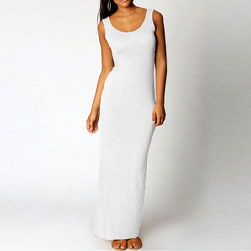 anyfreebie™-Sleeveless Women High Stretch Tank Robe Summer O-neck Bodycon Long Dress Ladies Solid Slim Beach Maxi Dresses Vestidos De Verano