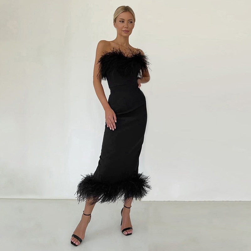 anyfreebie™- Fall Winter Party Dresses For Women Strapless Feather Evening Dresses Elegant Formal Party Dresses For Women Sexy Corset Bodycon Midi Dress White Black