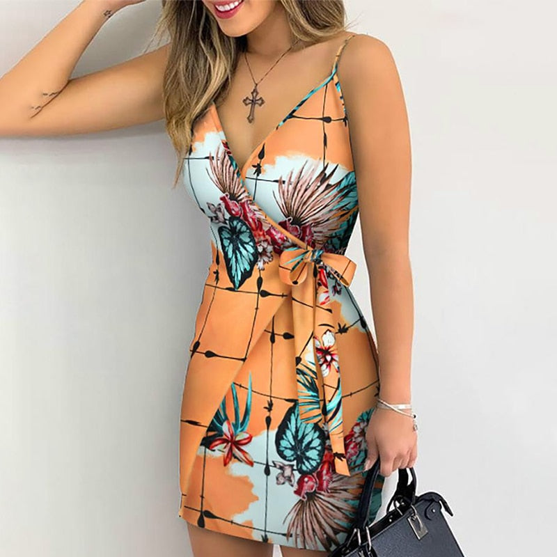 anyfreebie™-Summer Women Holiday Floral Leaves Print Bodycon V-neck Mini Dress Female Spaghetti Strap Bohemian Beachwear Bow Belt