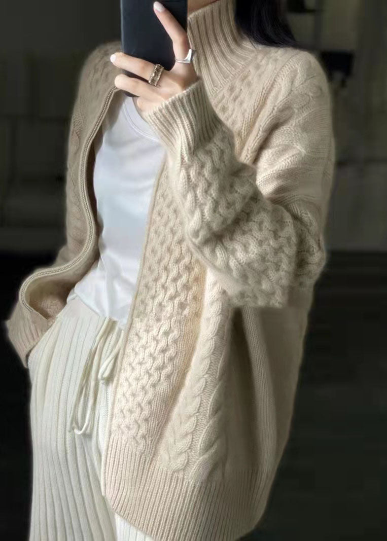 anyfreebie™-DIY Beige Zip Up Casual Woolen Knitted Tops Coat Winters