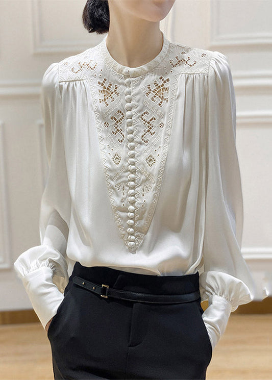 anyfreebie™-Cozy White O-Neck Embroideried Floral Shirt Long Sleeve