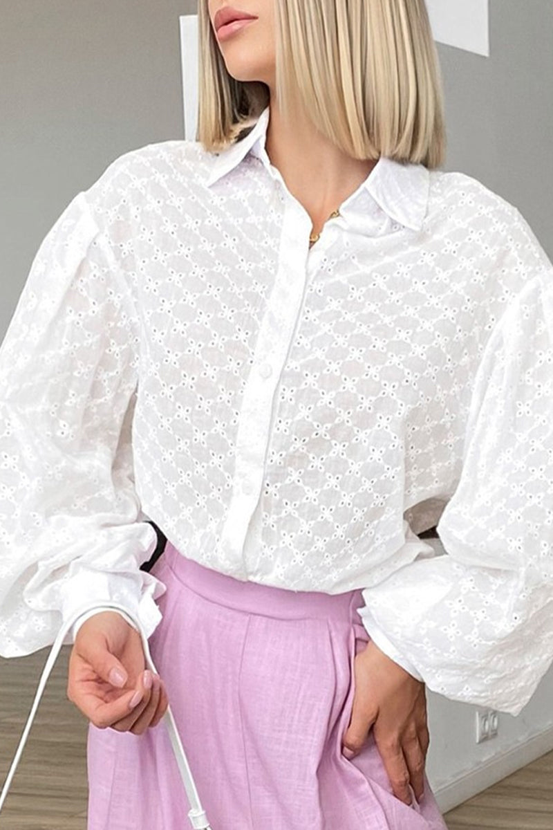 anyfreebie™-Elegant Solid Jacquard Hollowed Out Turndown Collar Tops