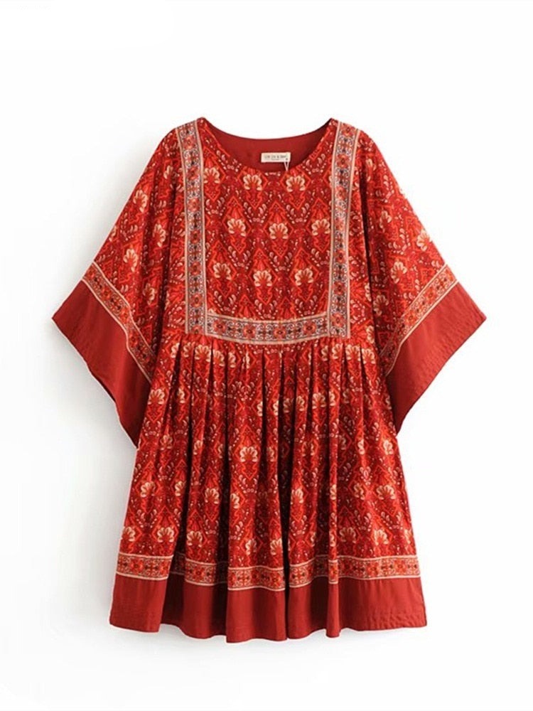 anyfreebie™- Vintage Chic Fashion Women Red Floral Print O-neck Loose Bohemian Mini Dresses Ladies Batwing Sleeve Cotton Beach Boho Dress