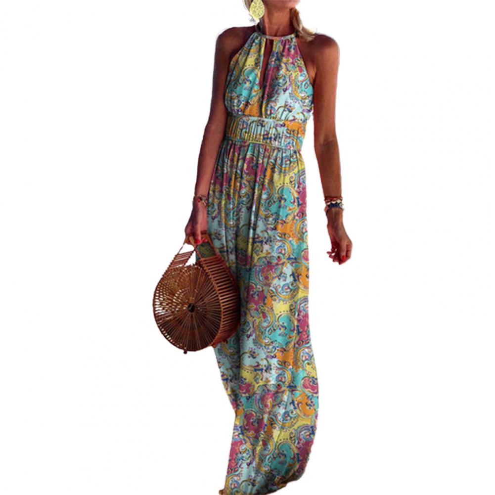 anyfreebie™-Summer Boho Floral Print Long Party Dress Women Elegant Halter Sleeveless Maxi Dress Spring Backless Hollow Out Dresses