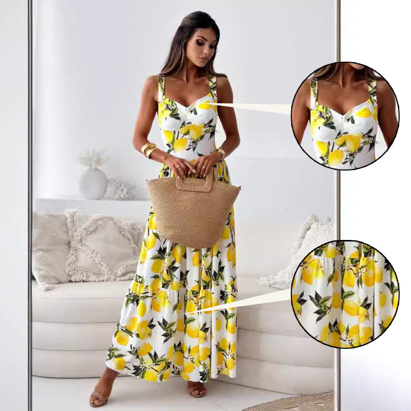 Women’s Elegant Lemon Print Spaghetti Strap Flowy Long Dress