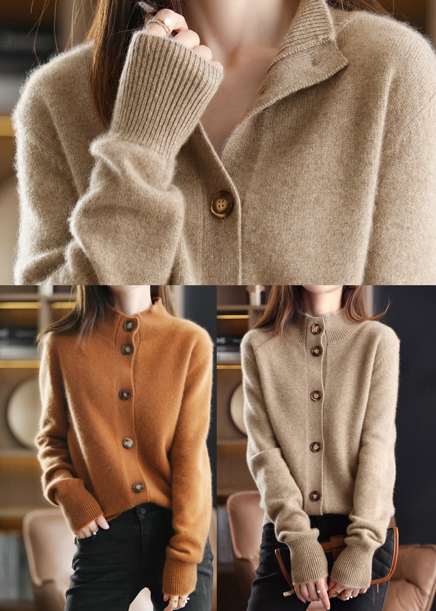 anyfreebie™-Handmade Camel Stand Collar Woolen Cardigan Long Sleeve