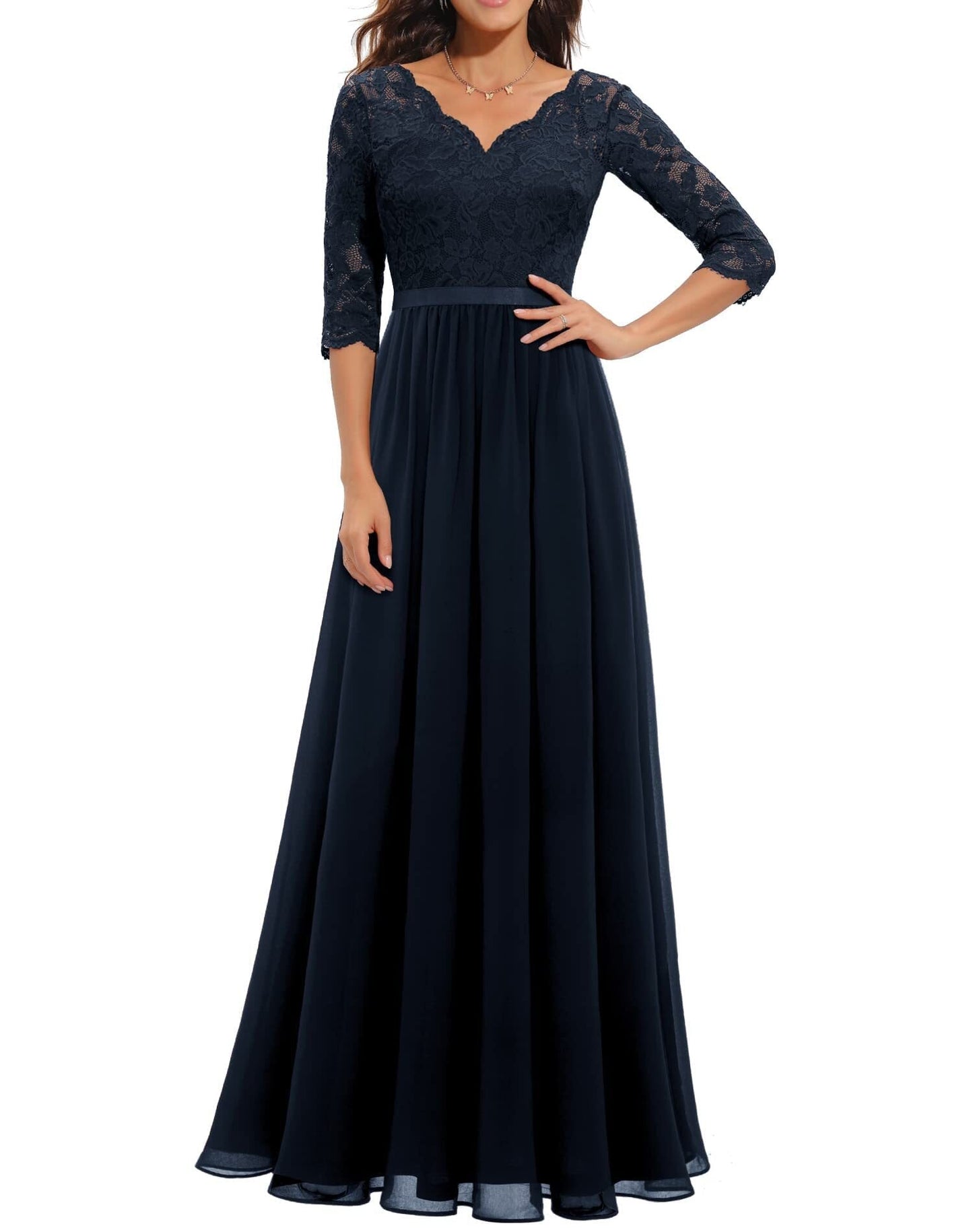 anyfreebie™- Women&#39;s Elegant Vintage V Neck 3/4 Sleeve Floral Lace Chiffon Wedding Bridesmaid Maxi Dress Long Formal Dresses