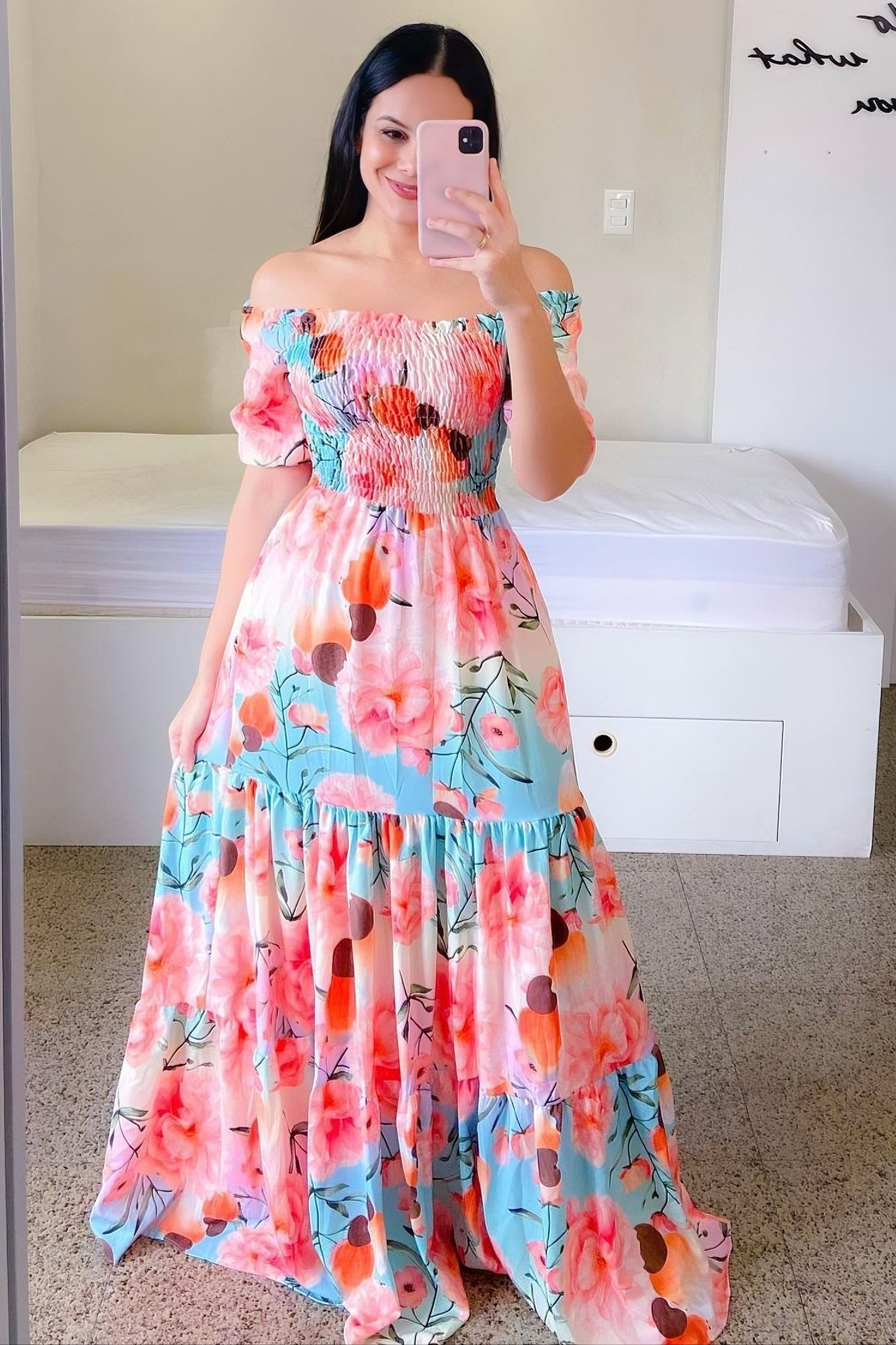 anyfreebie™-One-shoulder floral off-shoulder long printed dress