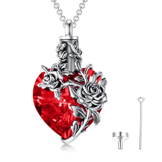 Sterling Silver Rose Flower Cremation Necklace For Ashes, Red/Blue Crystal Urn Necklace For Ashes For Women Memorial Jewelry