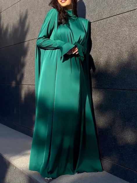 anyfreebie™- Flared Sleeves Long Sleeves Solid Color High-Neck Maxi Dresses