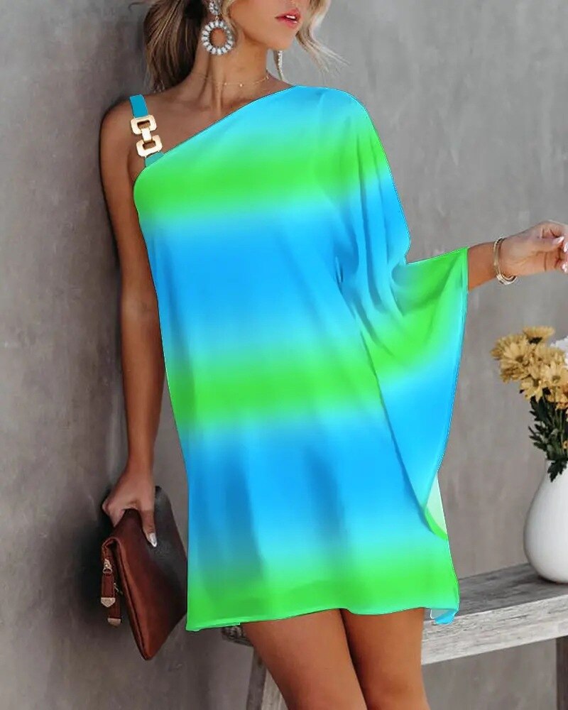 anyfreebie™- Sexy One Shoulder Dress Women 2024 Fashion Printed Loose Office Mini Dresses Casual Straps Batwing Sleeve Beach Party Dresses