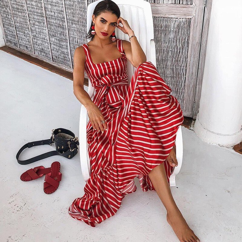 anyfreebie™- Women Dress Striped 2024 summer beach dress Bohemia Dress Sexy Long Maxi Dresses Bow Lace Up Ruffles Long Summer Dress