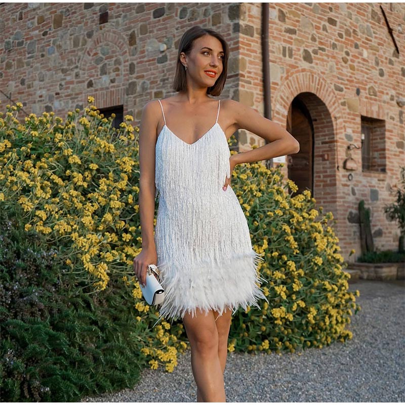 anyfreebie™-Sequins Tassel Feather Spaghetti Strap Dress Women Fashion Sexy Stitching Mini Dresses Ladies Evening Party Club Elegant Dress