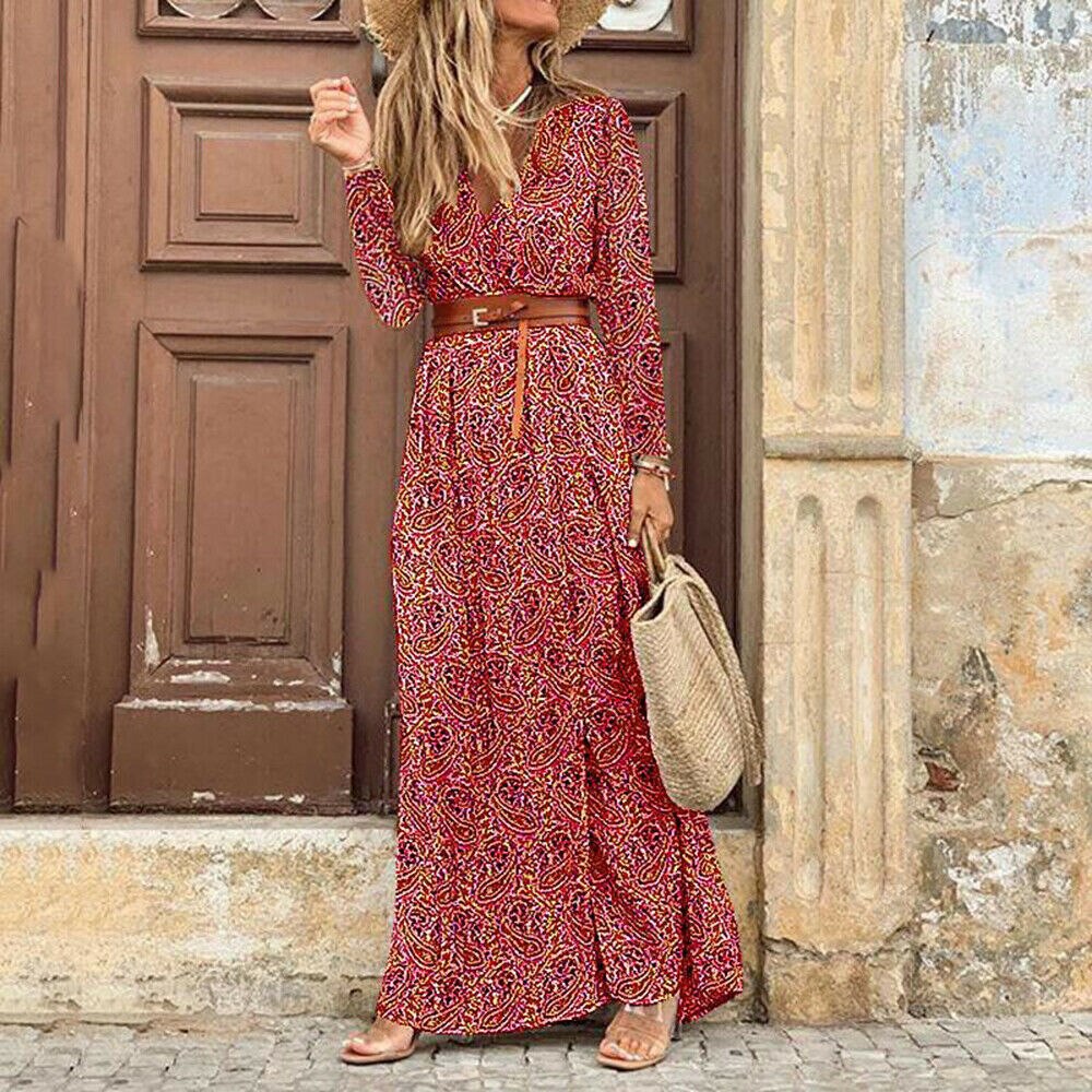 anyfreebie™-Autumn Dress 2024 Women New Fashionable Bohemian V-neck Floral Print Long Dress Female Short Sleeve Sexy High Split Maxi Dresses