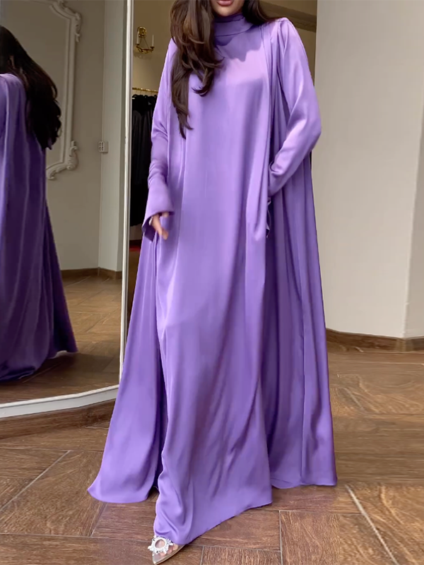 anyfreebie™- Flared Sleeves Long Sleeves Solid Color High-Neck Maxi Dresses