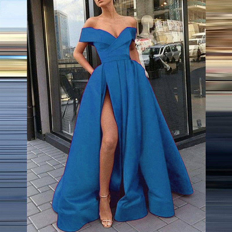 anyfreebie™-Women Sexy V Neck Long Party Dress Solid Elegant Sleeveless High Slit Dress Lady Fashion Off Shoulder Pleated Maxi Dress Vestido