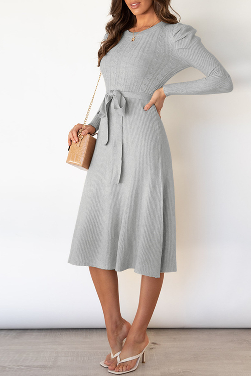 anyfreebie™-Elegant Solid With Belt O Neck Sweater Dresses