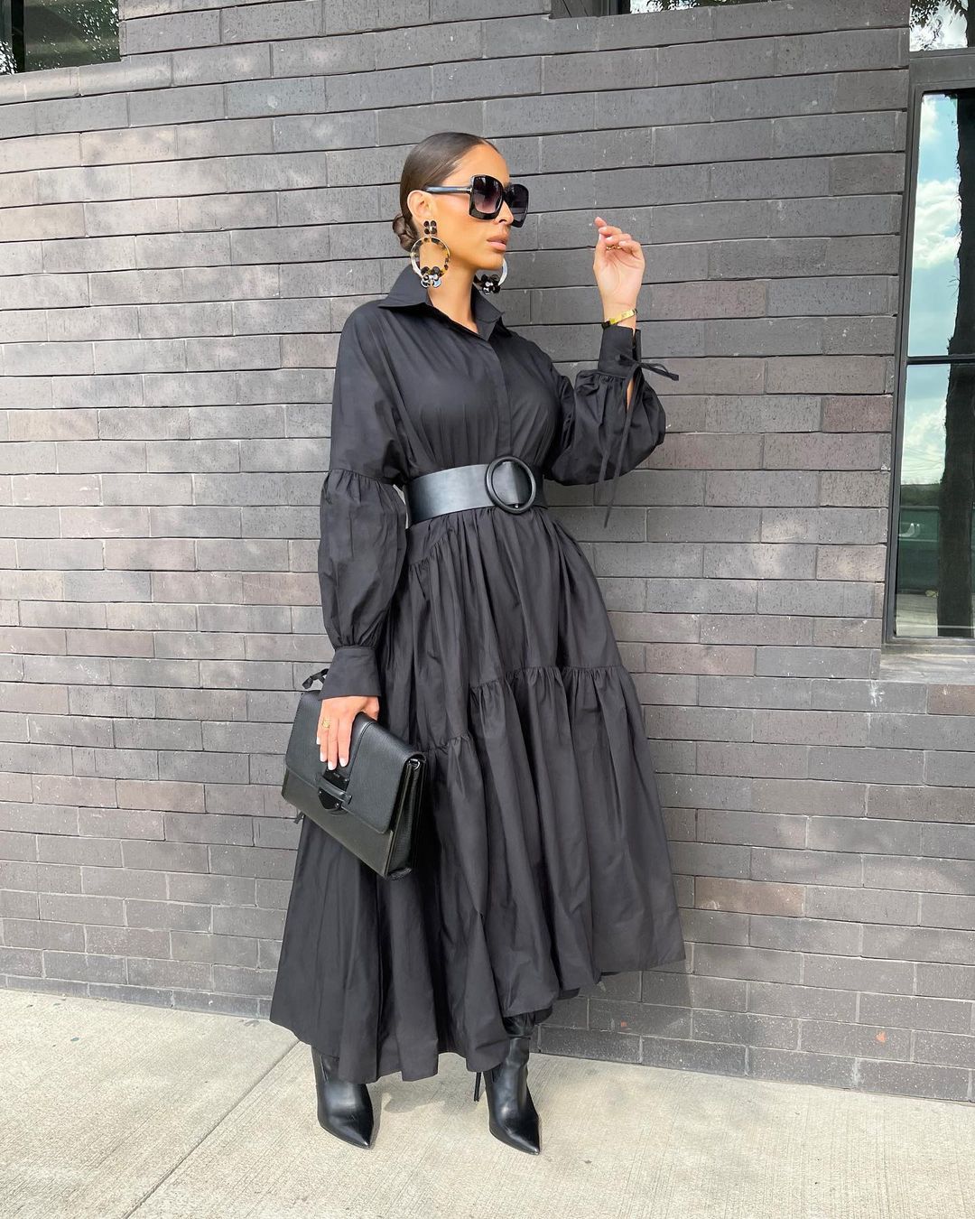 anyfreebie™-Spring Turn Down Collar Long Shirt Maxi Dress Casual Elegant Puff Sleeve Vintage Vestidos with Belt Black White Robe