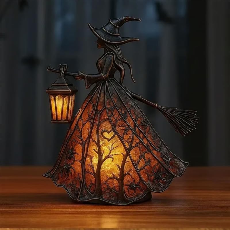 Halloween Witch Lamp - Gothic Spooky Witch Decor with Holding Lantern