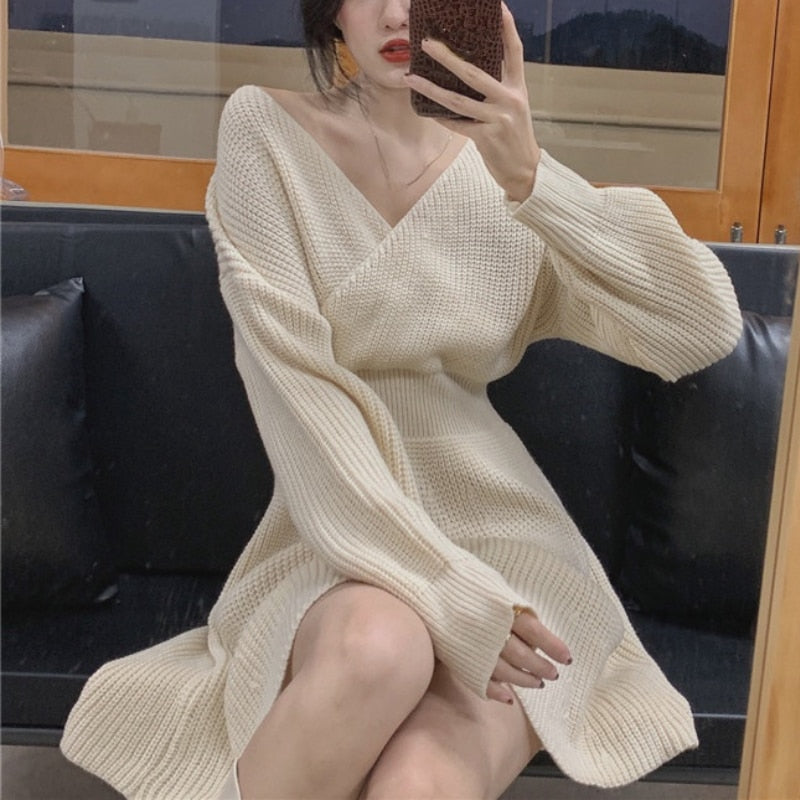 anyfreebie™- Atumn Knitted Dress Women Long Sleeve V-Neck Sexy Pure Color Elegant Sweater Mini Dress Female Party One Piece Dress Korean