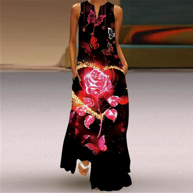 anyfreebie™- 3D Floral Printed Women Dress Summer Vintage V-neck Sleeveless Loose Maxi Dress Elegant Casual Ladies Party Dresses Vestidos