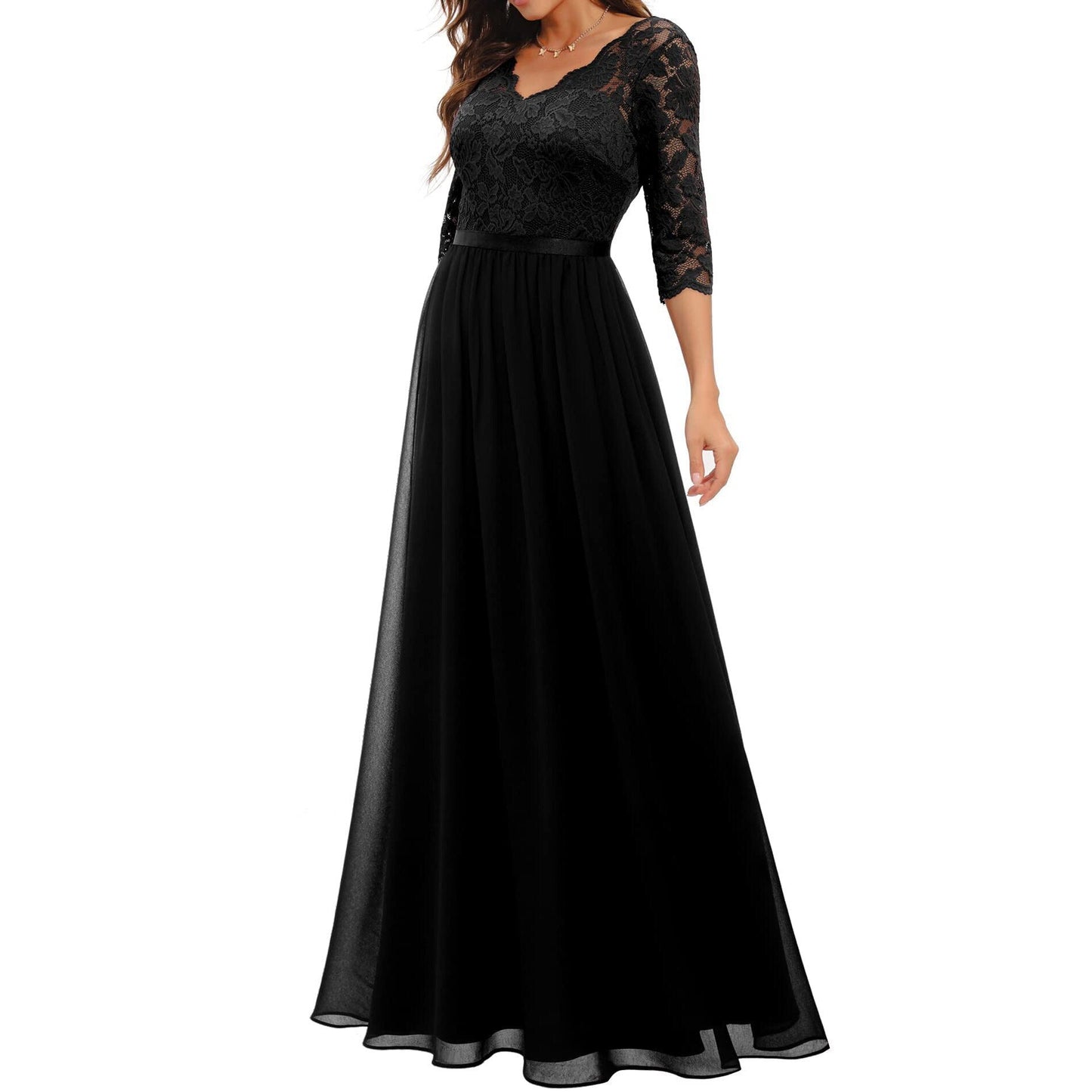 anyfreebie™- Women&#39;s Elegant Vintage V Neck 3/4 Sleeve Floral Lace Chiffon Wedding Bridesmaid Maxi Dress Long Formal Dresses