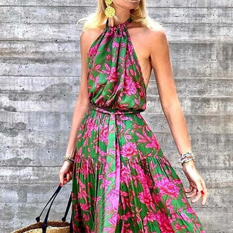 anyfreebie™-Summer Halter Sleeveless Floral Print Boho Dress for Women Pleated Stitching Maxi Dress High Waist Slim Lace Up Beach Dress 2024