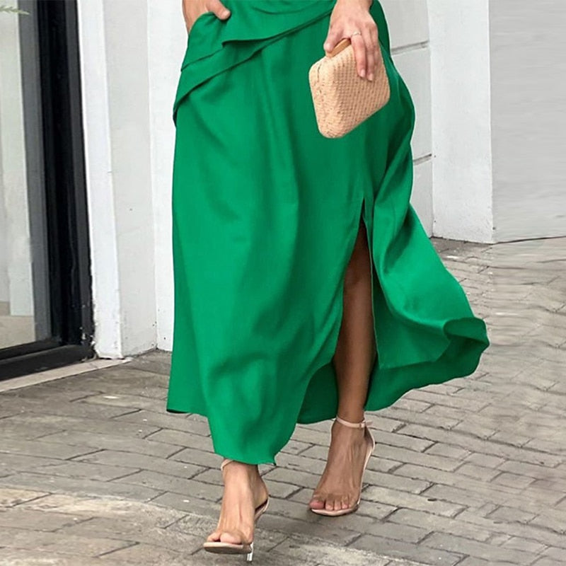 anyfreebie™- Women Maxi Dress Fashion Elegant Long Sleeve Lapel V Neck Pleated Solid Single Slit With Pockets Beach Party Dresses