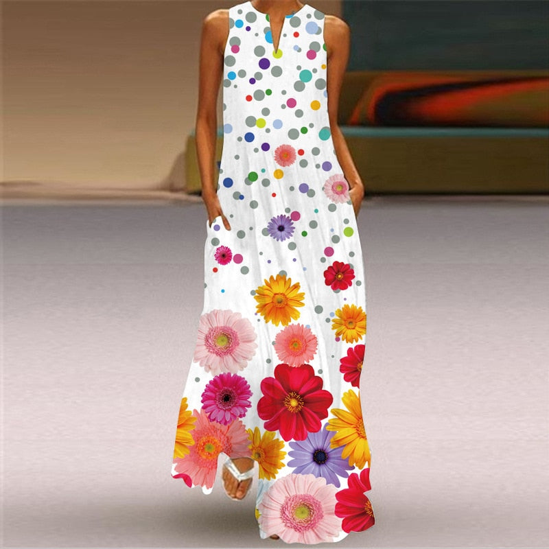 anyfreebie™- 3D Floral Printed Women Dress Summer Vintage V-neck Sleeveless Loose Maxi Dress Elegant Casual Ladies Party Dresses Vestidos