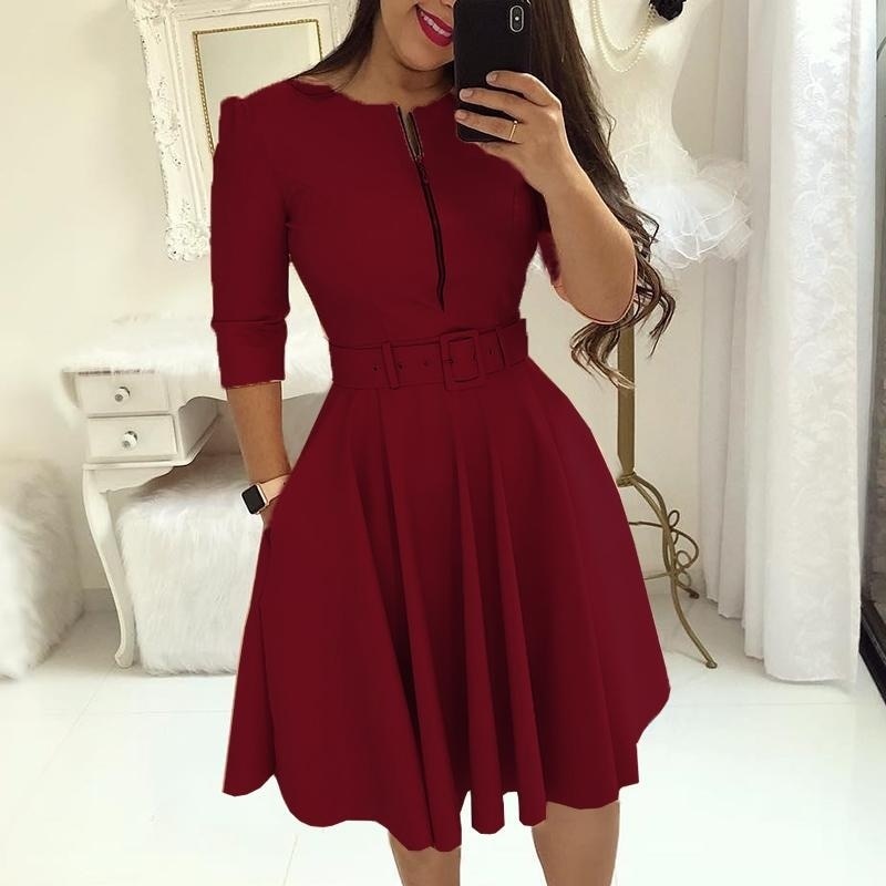 anyfreebie™- Elegant Women Solid Half Sleeve Party Dress Autumn Casual Zipper Knee-length Midi Dresses Ladies Big Swing Club Dress Vestidos