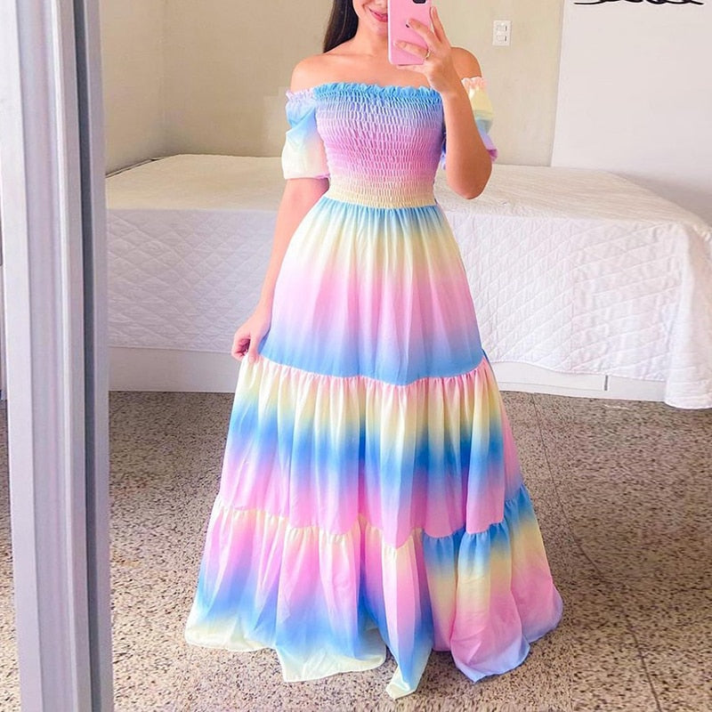 anyfreebie™-Sexy Off The Shoulder Tube Top Dress Butterfly Rainbow Floral Print Dress Ladies Elegant Slim Summer Bohemian Party Maxi Dresses