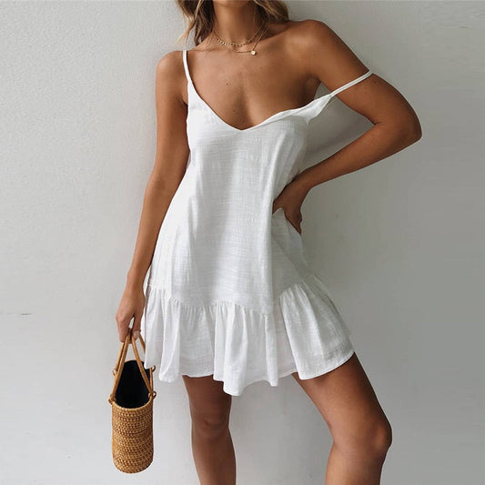 anyfreebie™-Summer Sexy Spaghetti Strap Backless Short Dress Women New V-neck Solid Casual Loose Ruffles Beach Holiday Cotton Mini Vestidos