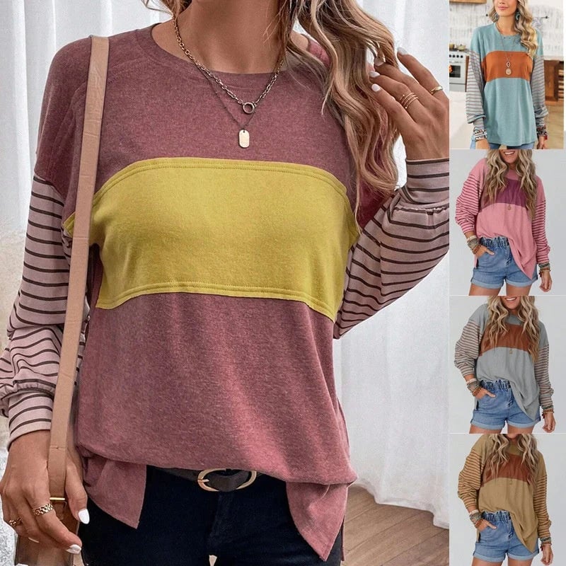 🔥Women’s Trendy Color Block Striped Long Sleeve T-Shirt