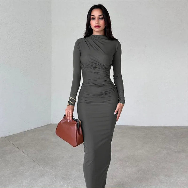 anyfreebie™-Fashionable round neck long sleeve slim fit hip-hugging solid color elegant dress