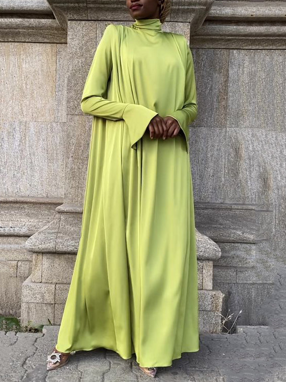 anyfreebie™- Flared Sleeves Long Sleeves Solid Color High-Neck Maxi Dresses