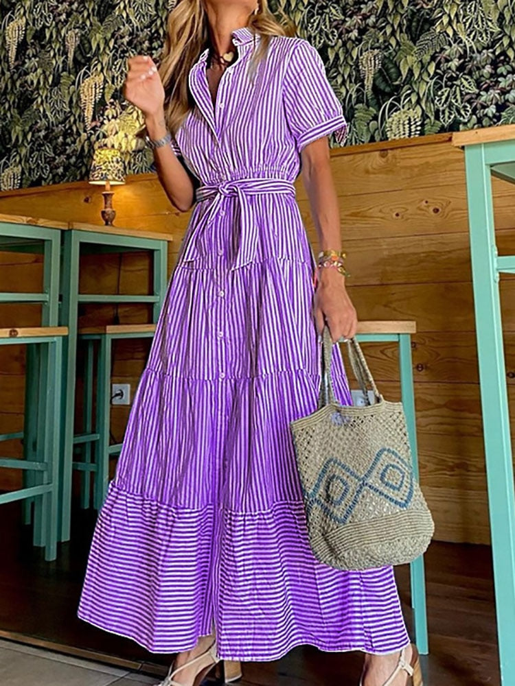 anyfreebie™-Women Elegant Striped Short Sleeve Maxi Dress New Fashion Lace-Up Belt Party Dress Sexy Loose Hem Shirt Long Dress Vestidos