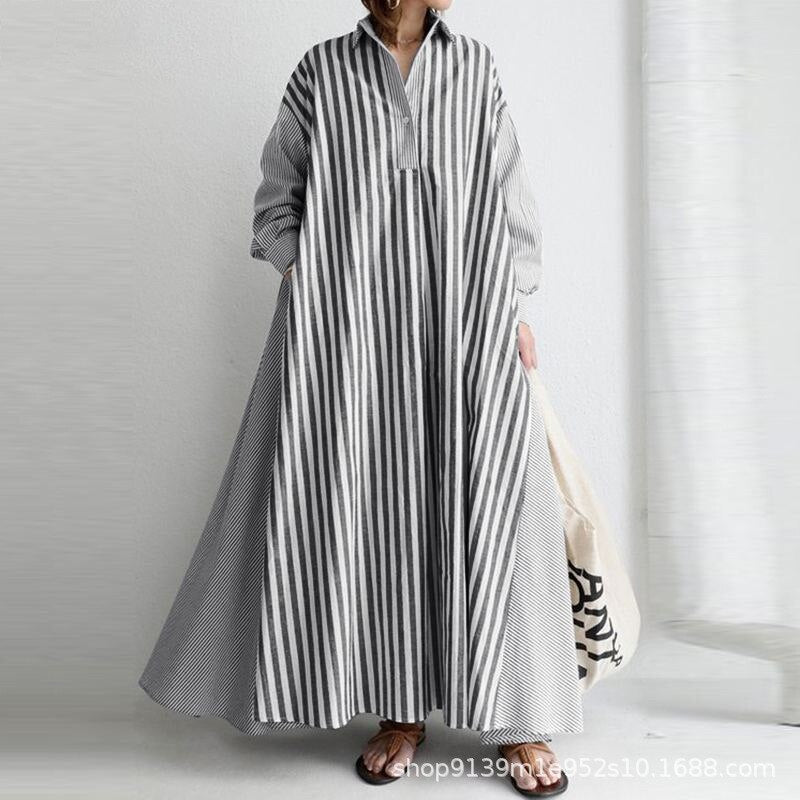 anyfreebie™- Autumn Casual Loose Maxi Dress Women Vintage Turn-down Collar Striped Shirt Boho Beach Wedding Long Office Vestidos