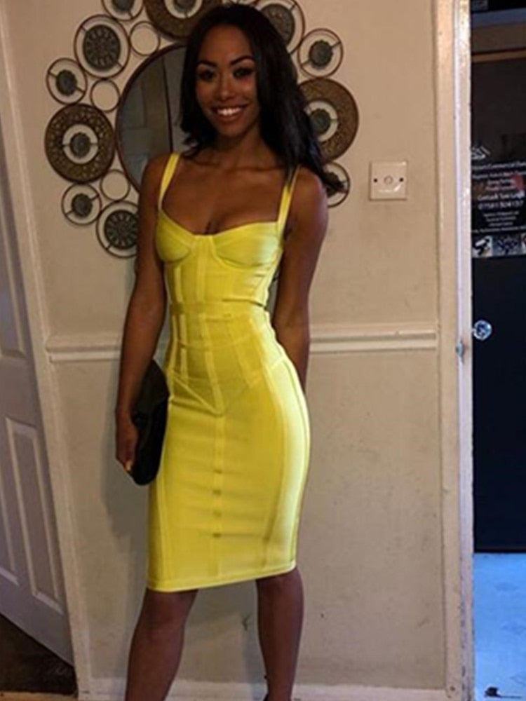 anyfreebie™-Sexy Sleeveless V Neck Yellow Midi Women Bodycon Bandage Dress 2024 Designer Fashion Evening Party Dress Vestido